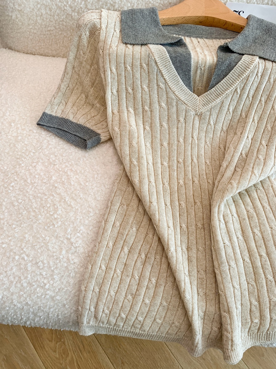 2026 Summer Women's Thin Knit Top with Faux Two-Piece Collar and Short Sleeves - Image 4