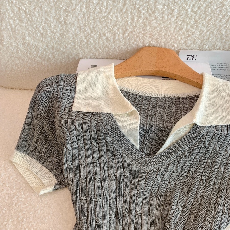 2026 Summer Women's Thin Knit Top with Faux Two-Piece Collar and Short Sleeves - Image 5