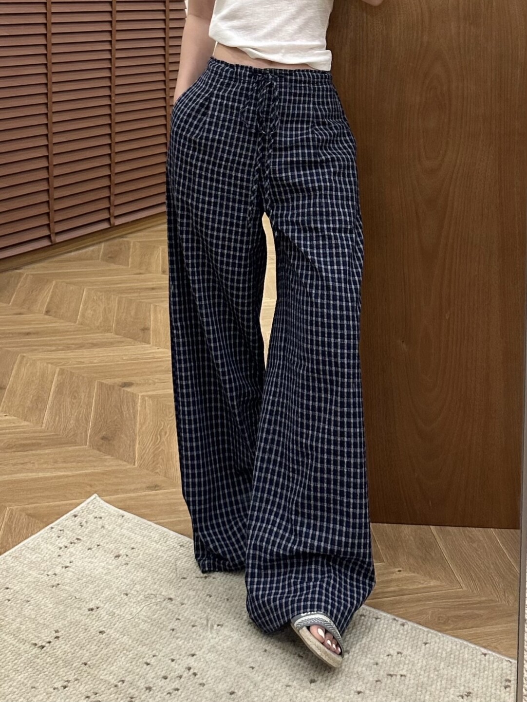 American Retro Blue Plaid Wide-Leg Casual Pants for Women Summer New Low Waist Loose Sports Trousers