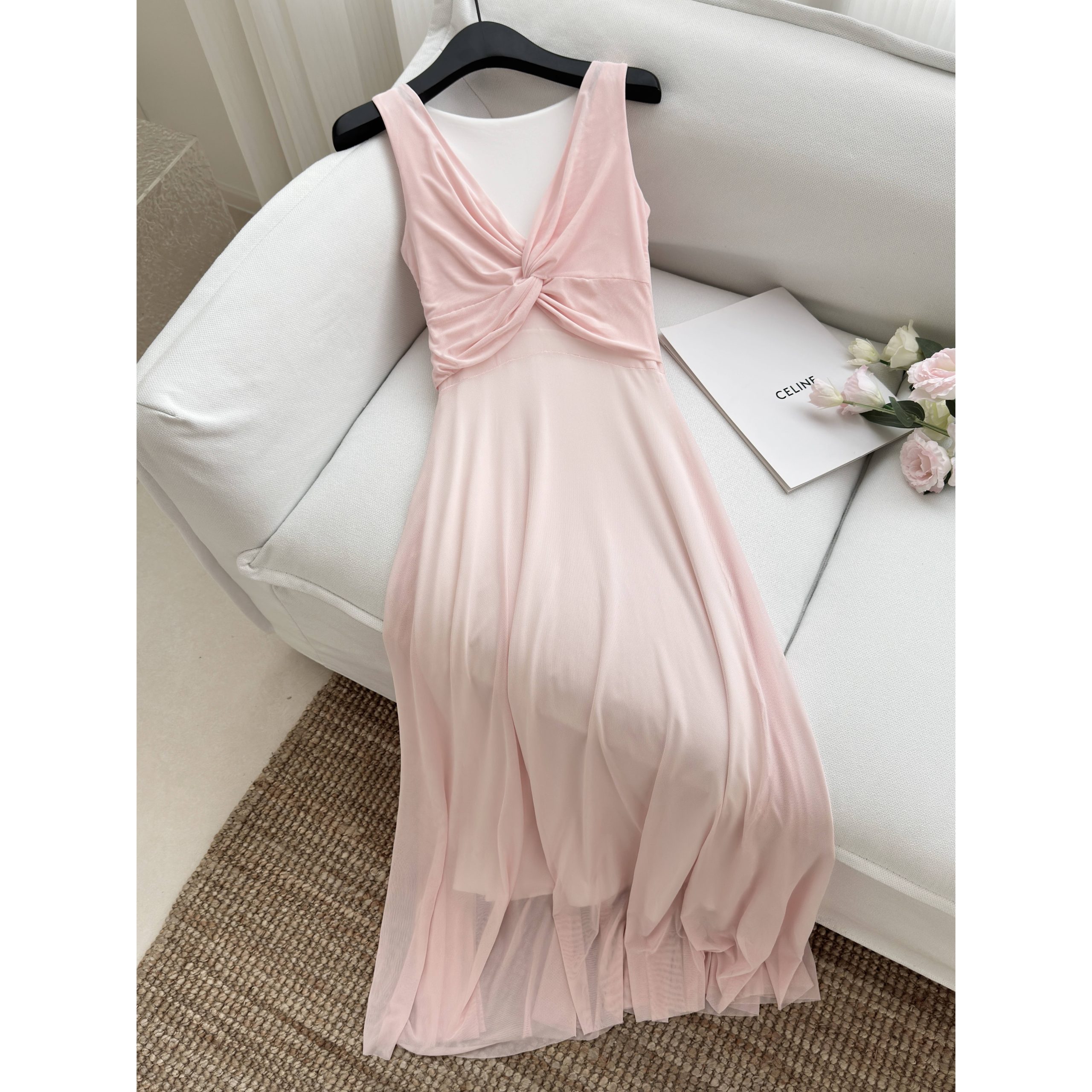 French Style Light Pink V-Neck Sleeveless A-Line Dress for Women Summer - Image 5