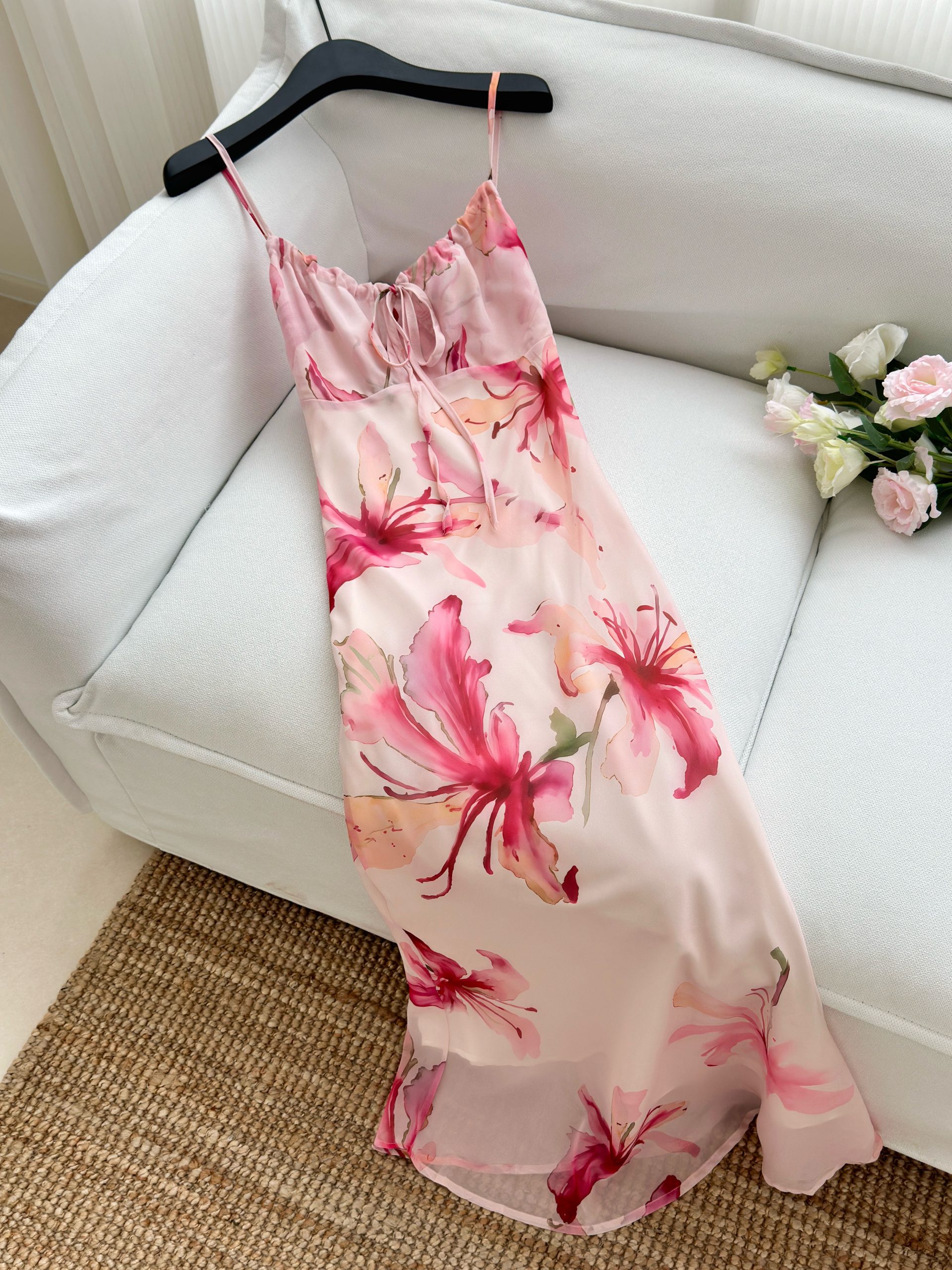 French Style Pink Ombre Print Maxi Cami Dress for Women Summer Ruched Sleeveless - Image 3