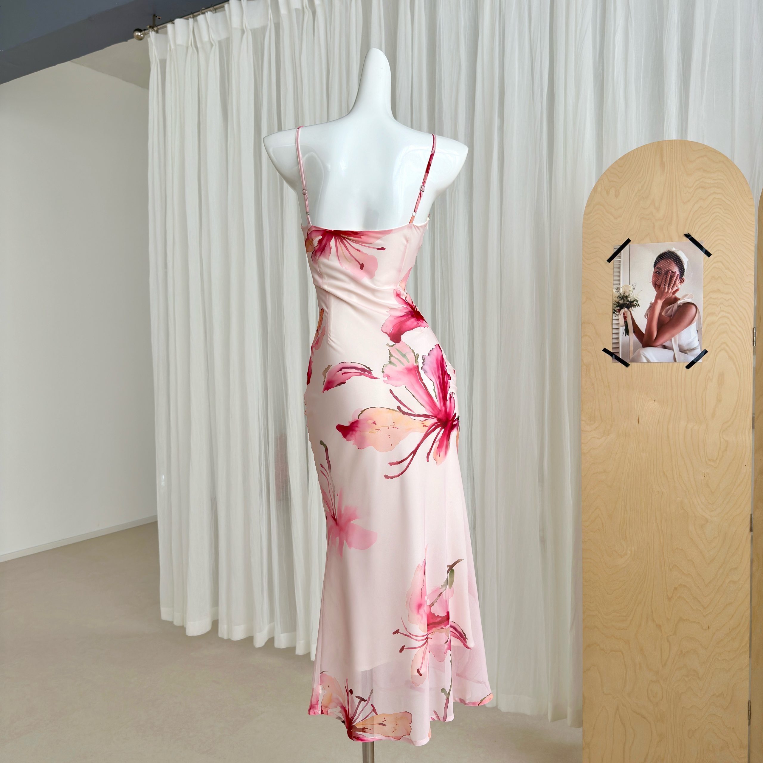 French Style Pink Ombre Print Maxi Cami Dress for Women Summer Ruched Sleeveless - Image 4