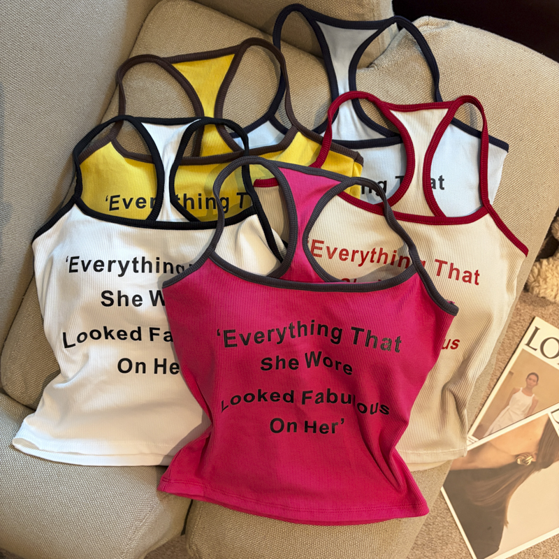 Korean Letter Print Padded Tank Top with Contrast Trim Women's Camisole