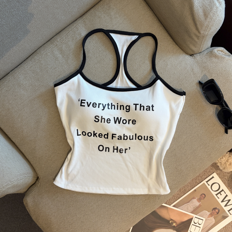 Korean Letter Print Padded Tank Top with Contrast Trim Women's Camisole - Image 5