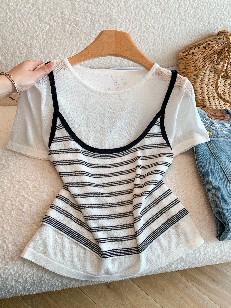 Korean Striped Color Block Two Piece Short Sleeve T Shirt Women Summer Layered Round Neck Knit Top