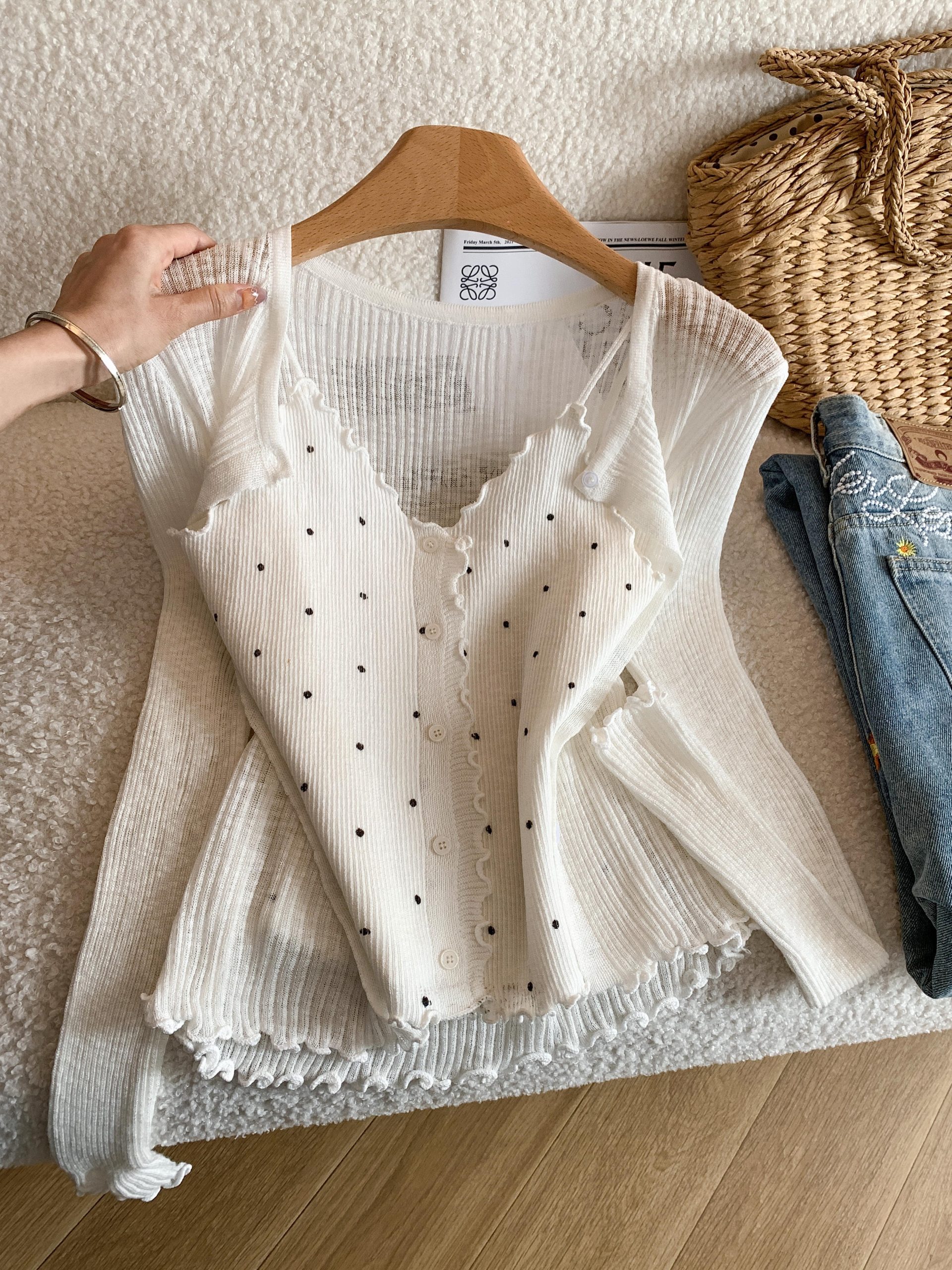 Korean Style Off-White Polka Dot Knit Cami Cardigan Two-Piece Set for Women Summer Sun Protection