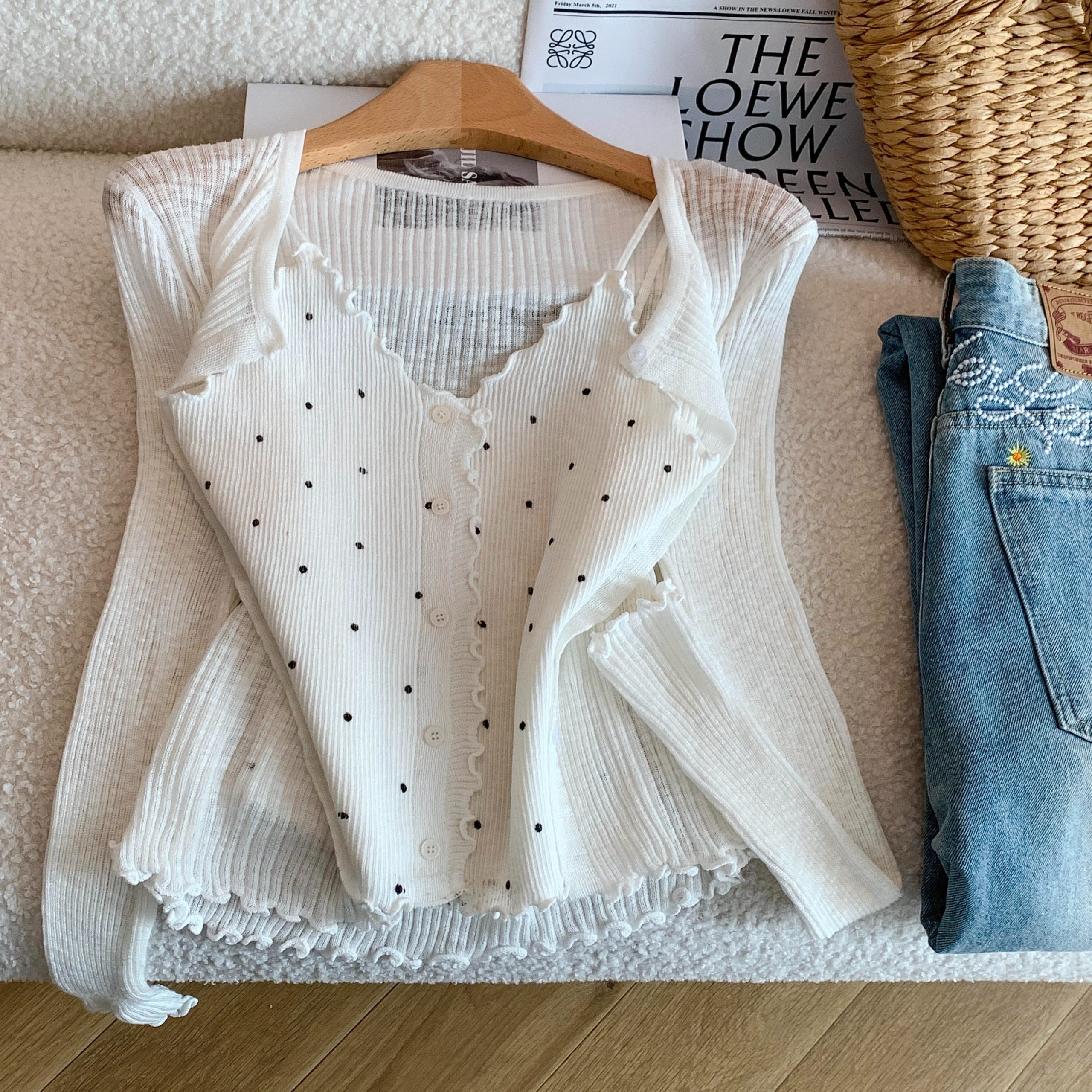 Korean Style Off-White Polka Dot Knit Cami Cardigan Two-Piece Set for Women Summer Sun Protection - Image 5