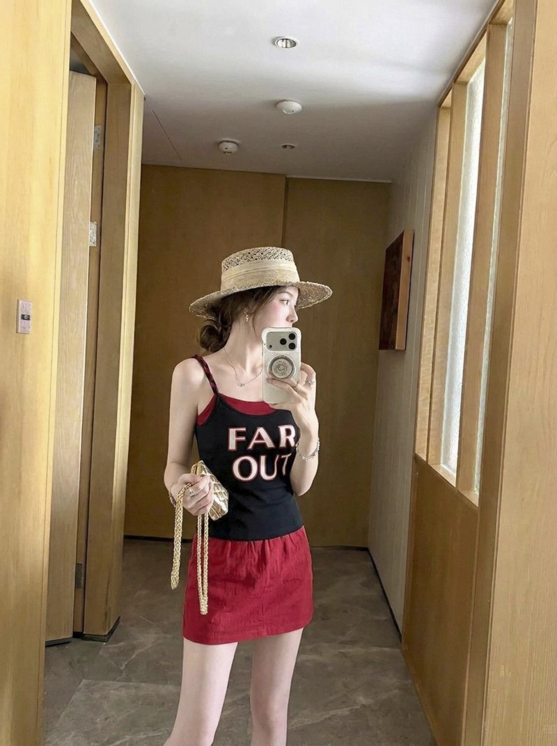 Korean Style Summer 2026 U-Neck Letter Print Padded Twist Cami Top for Women