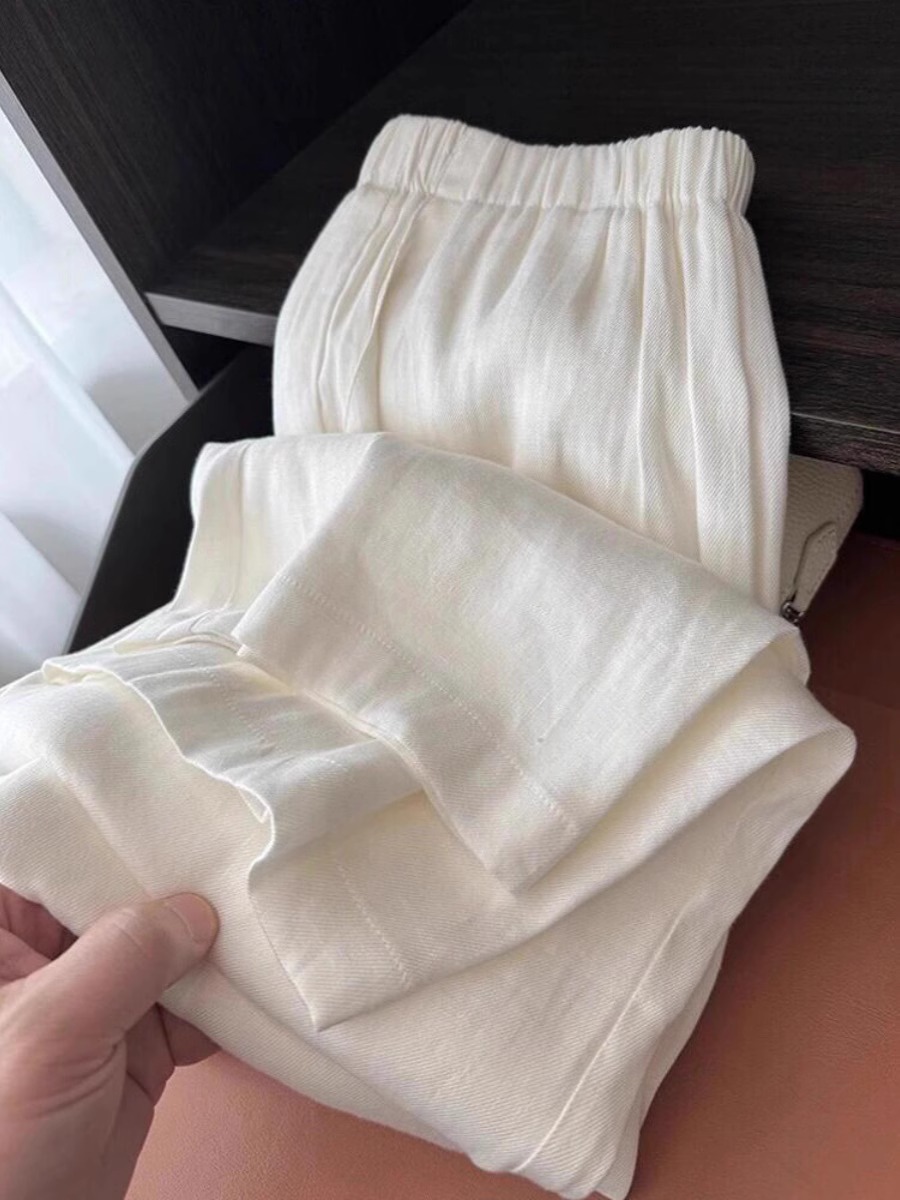 Minimalist High-End White Linen Pants for Women Summer Thin High Waist Loose Straight Wide Leg