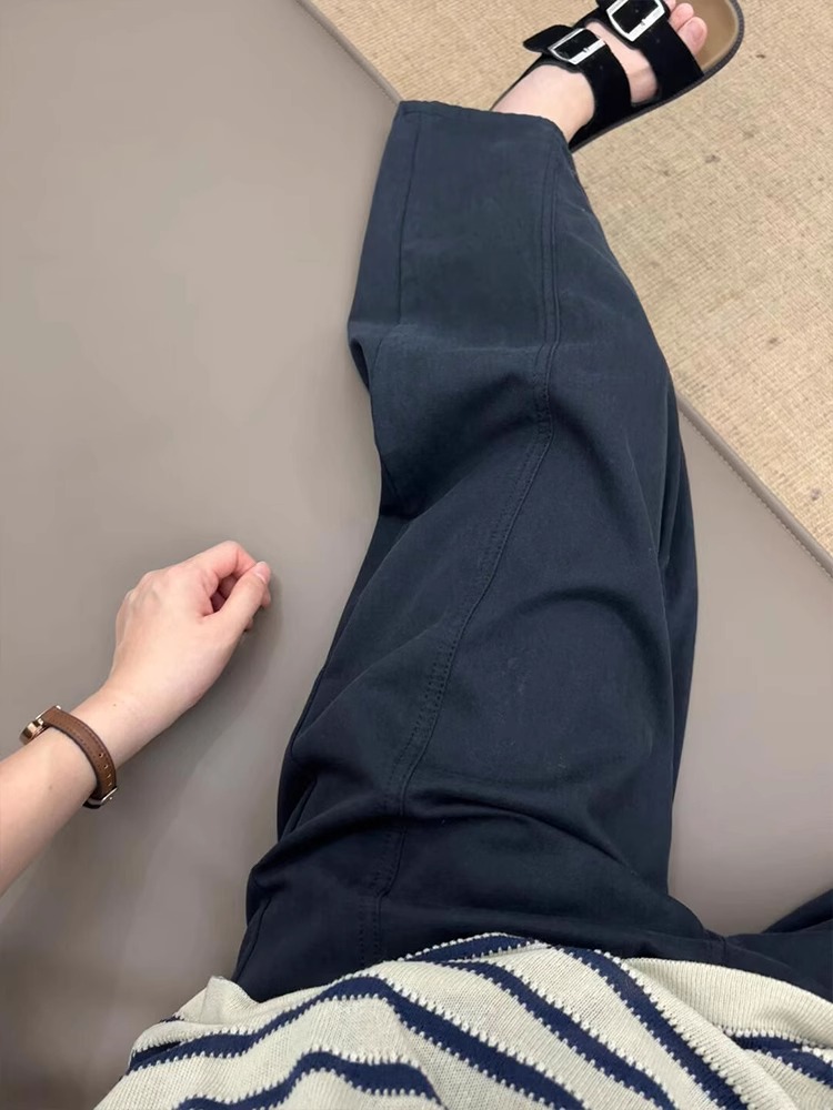 Navy Blue Tencel Cotton Casual Pants Women Summer 2025 Korean Slimming Petite Cropped Pants