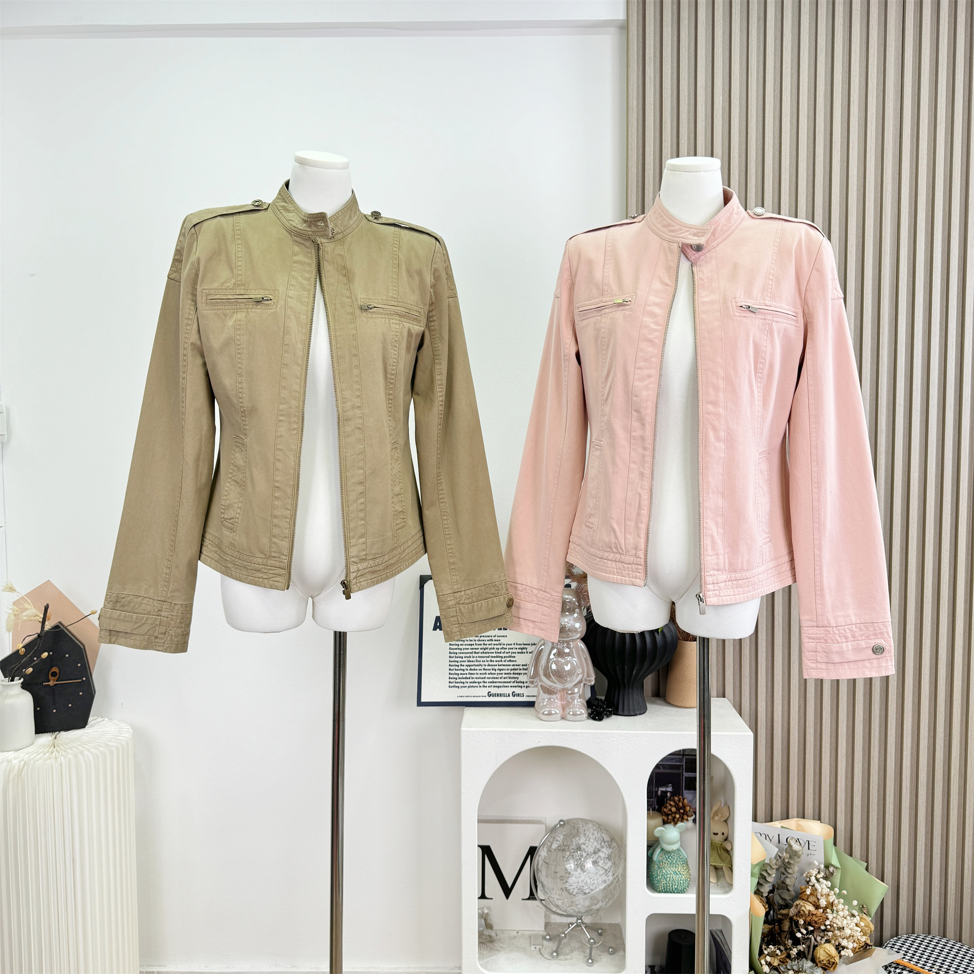 Tongiiuu American Style Vintage Washed Stand Collar Short Jacket for Women