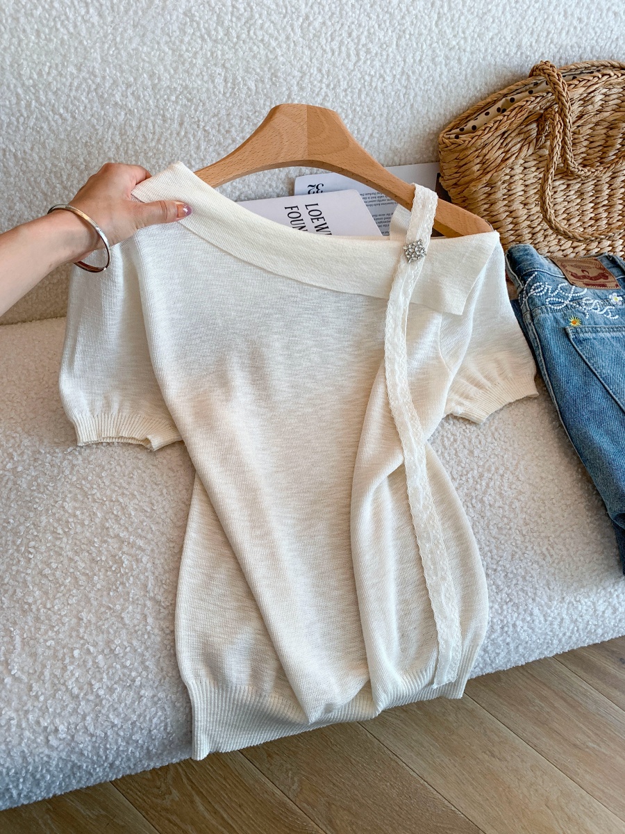 Women Summer Ribbon Slant Neck Ice Silk Short Sleeve Knit Top
