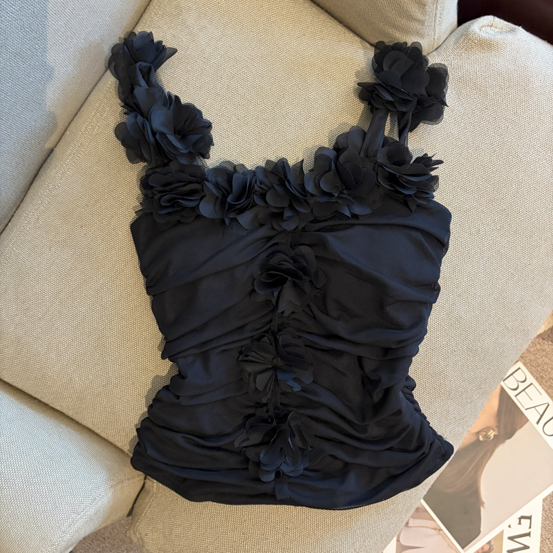 Women's 3D Floral Pleated Cami Top with Padded Cups - Image 3