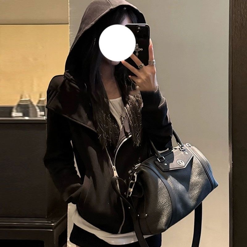 Women's Early Autumn Jacket Korean Style Zip-Up Cardigan Top Gray Black