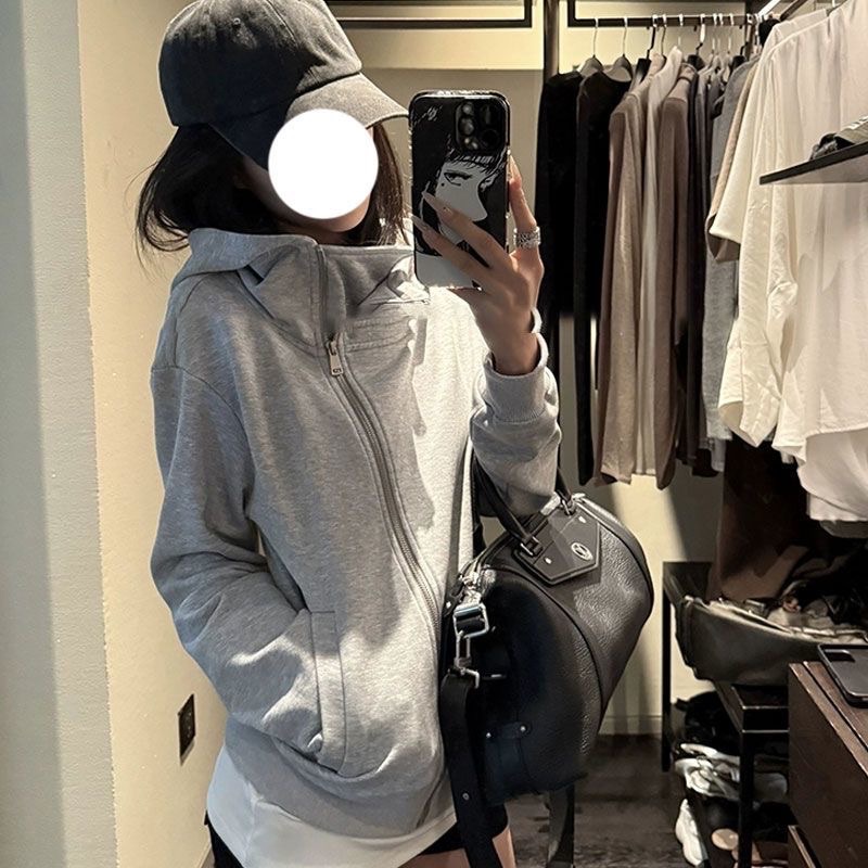 Women's Early Autumn Jacket Korean Style Zip-Up Cardigan Top Gray Black - Image 4