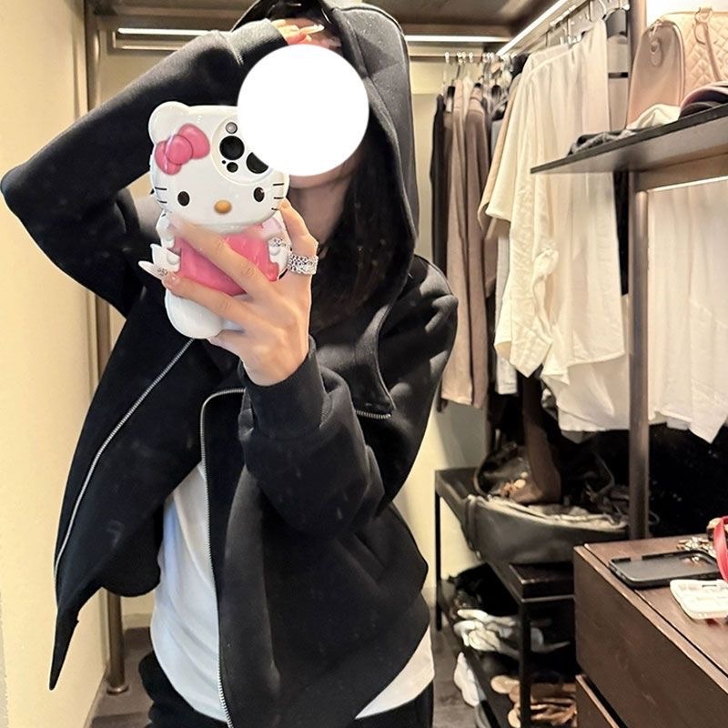 Women's Early Autumn Jacket Korean Style Zip-Up Cardigan Top Gray Black - Image 5