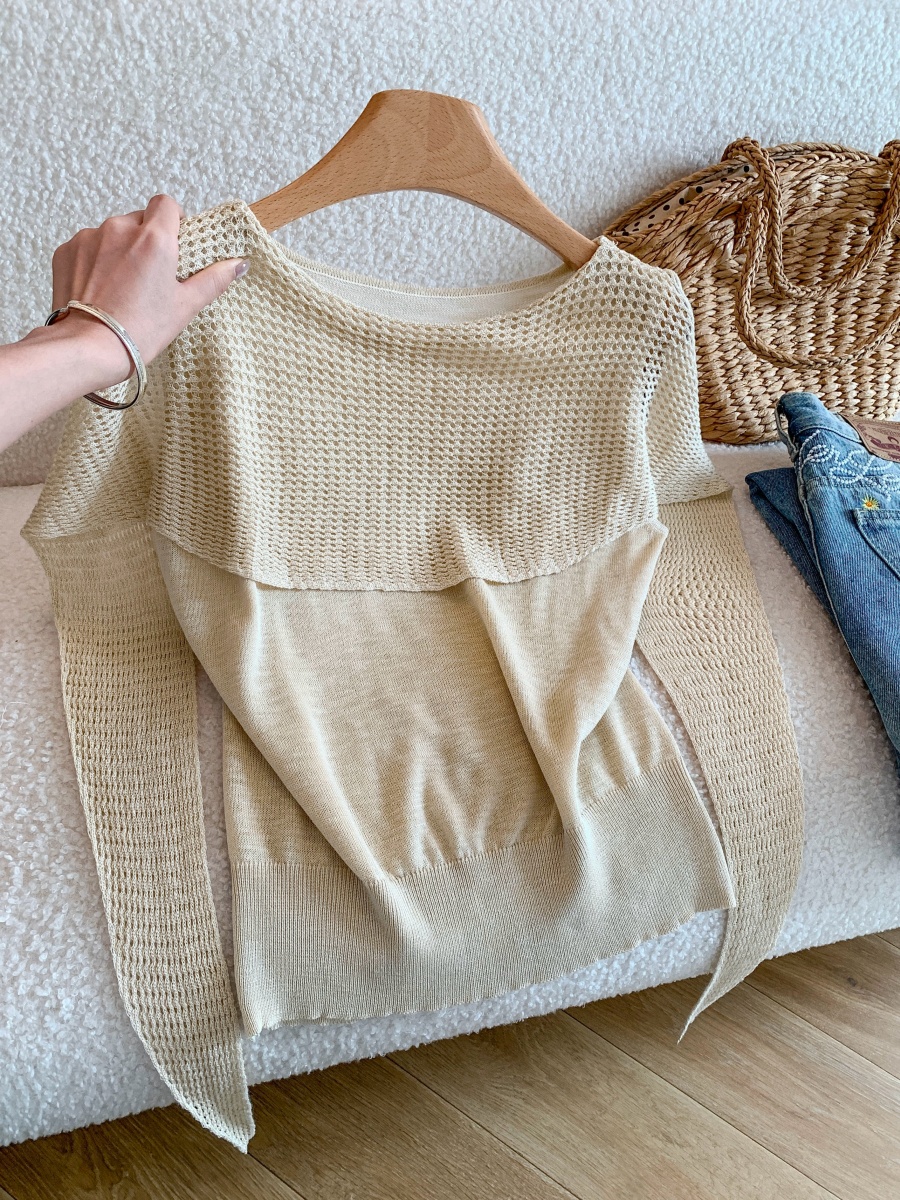 Women's French Style Asymmetric Hollow Out Short Sleeve Ice Silk Knit Top Summer Loose Cape Shawl Pullover
