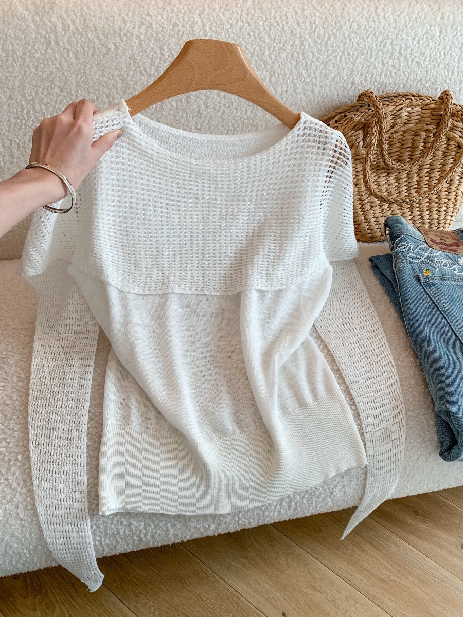 Women's French Style Asymmetric Hollow Out Short Sleeve Ice Silk Knit Top Summer Loose Cape Shawl Pullover - Image 2