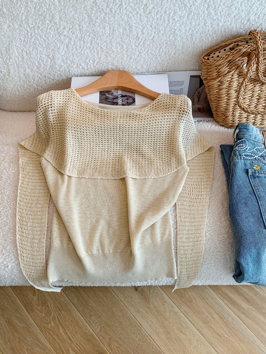 Women's French Style Asymmetric Hollow Out Short Sleeve Ice Silk Knit Top Summer Loose Cape Shawl Pullover - Image 3