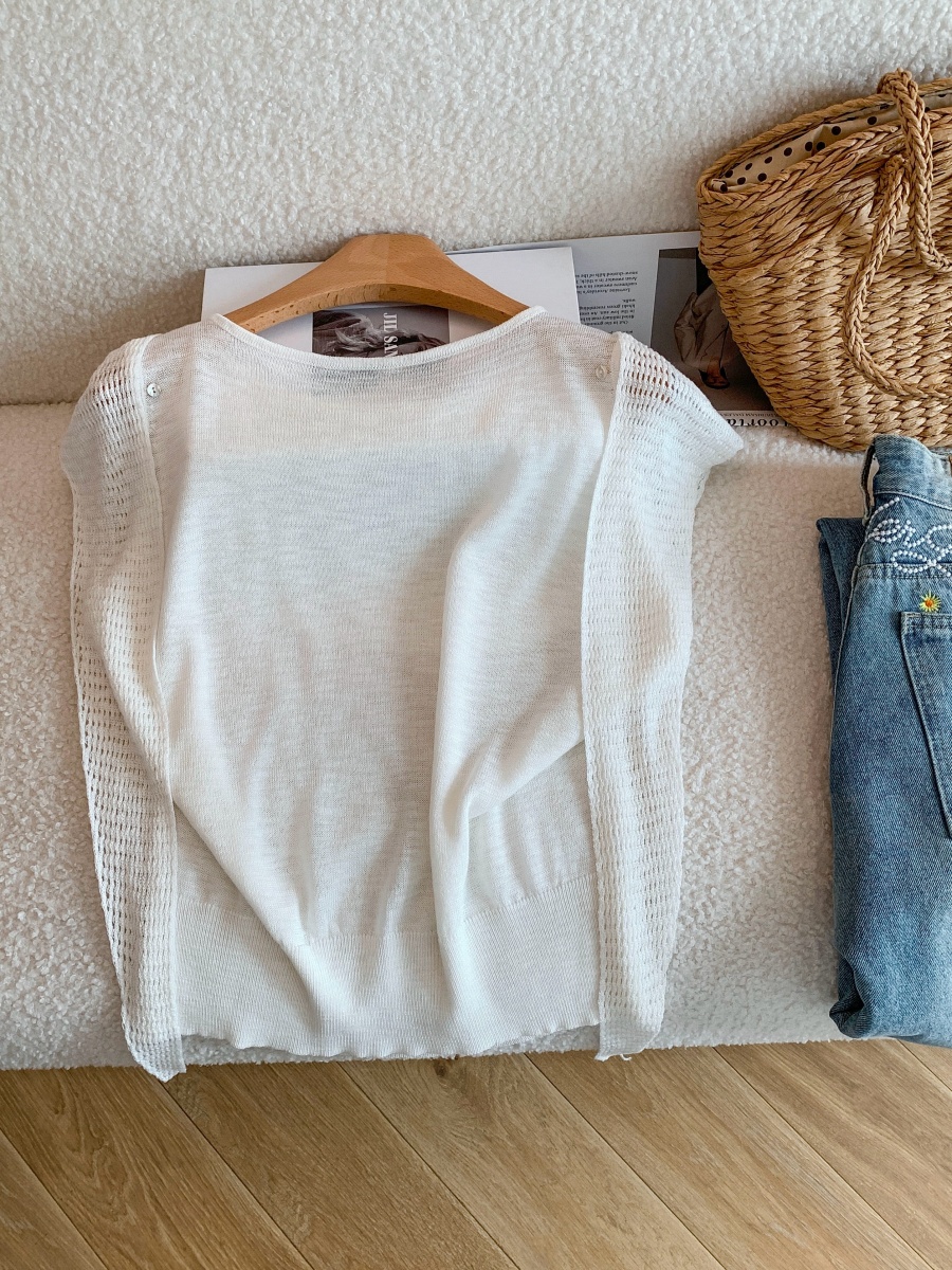 Women's French Style Asymmetric Hollow Out Short Sleeve Ice Silk Knit Top Summer Loose Cape Shawl Pullover - Image 4