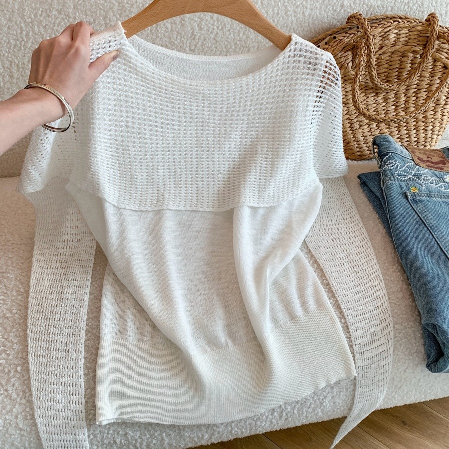 Women's French Style Asymmetric Hollow Out Short Sleeve Ice Silk Knit Top Summer Loose Cape Shawl Pullover - Image 5