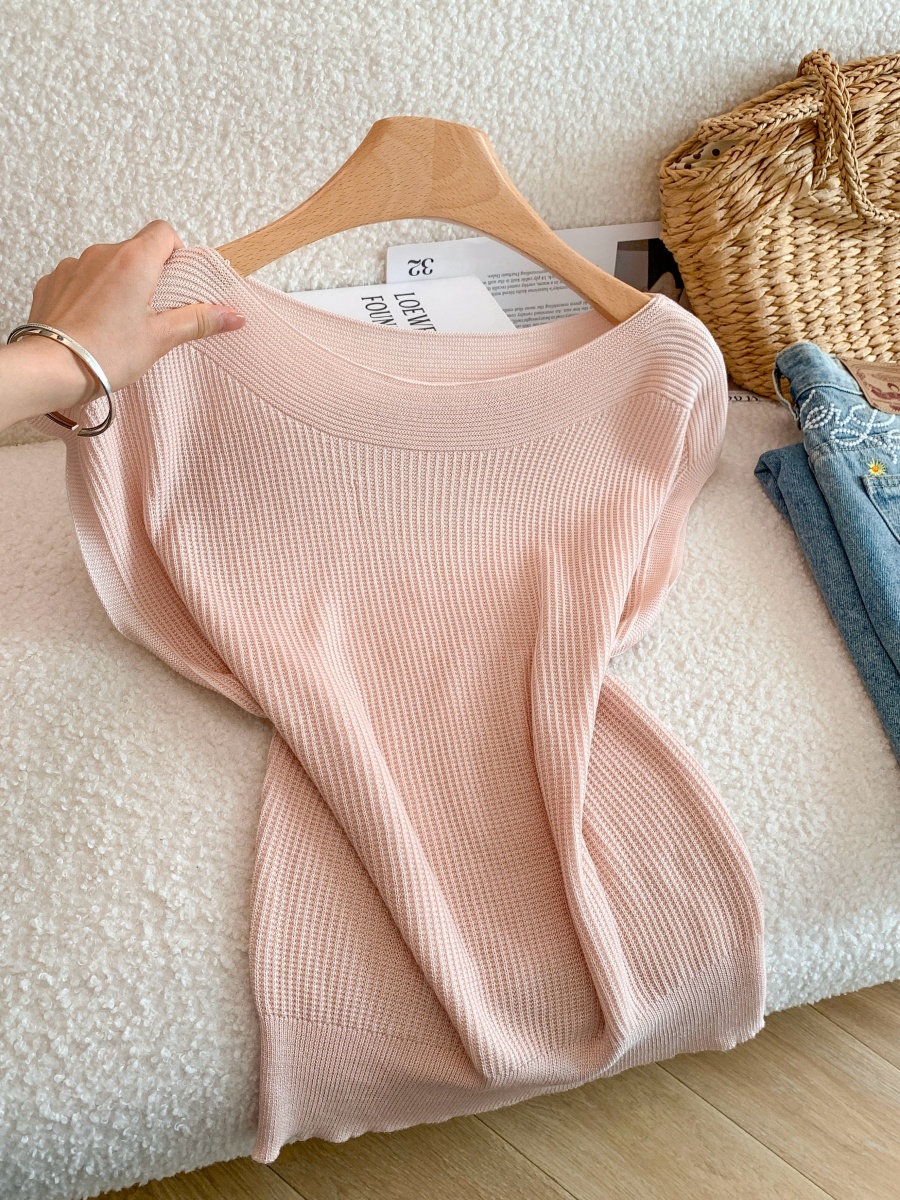 Women's Ice Silk Knit Top French Off-Shoulder Ruffle Sleeve Thin Pullover