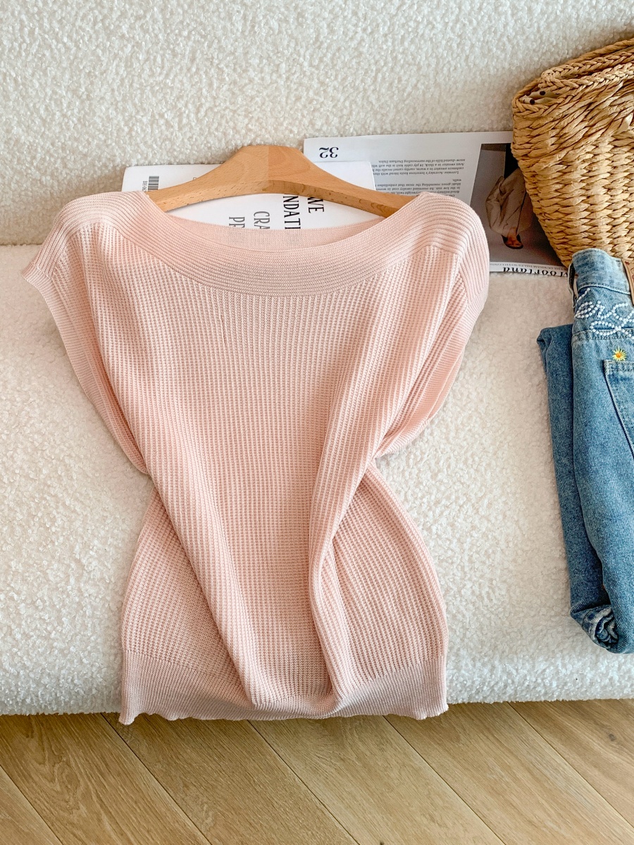 Women's Ice Silk Knit Top French Off-Shoulder Ruffle Sleeve Thin Pullover - Image 3
