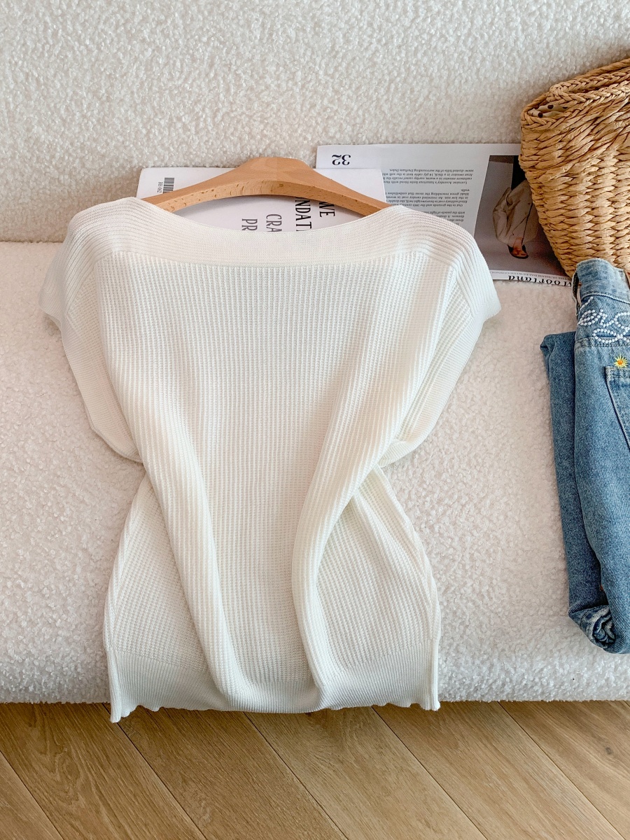 Women's Ice Silk Knit Top French Off-Shoulder Ruffle Sleeve Thin Pullover - Image 4