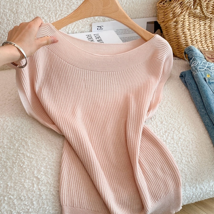 Women's Ice Silk Knit Top French Off-Shoulder Ruffle Sleeve Thin Pullover - Image 5