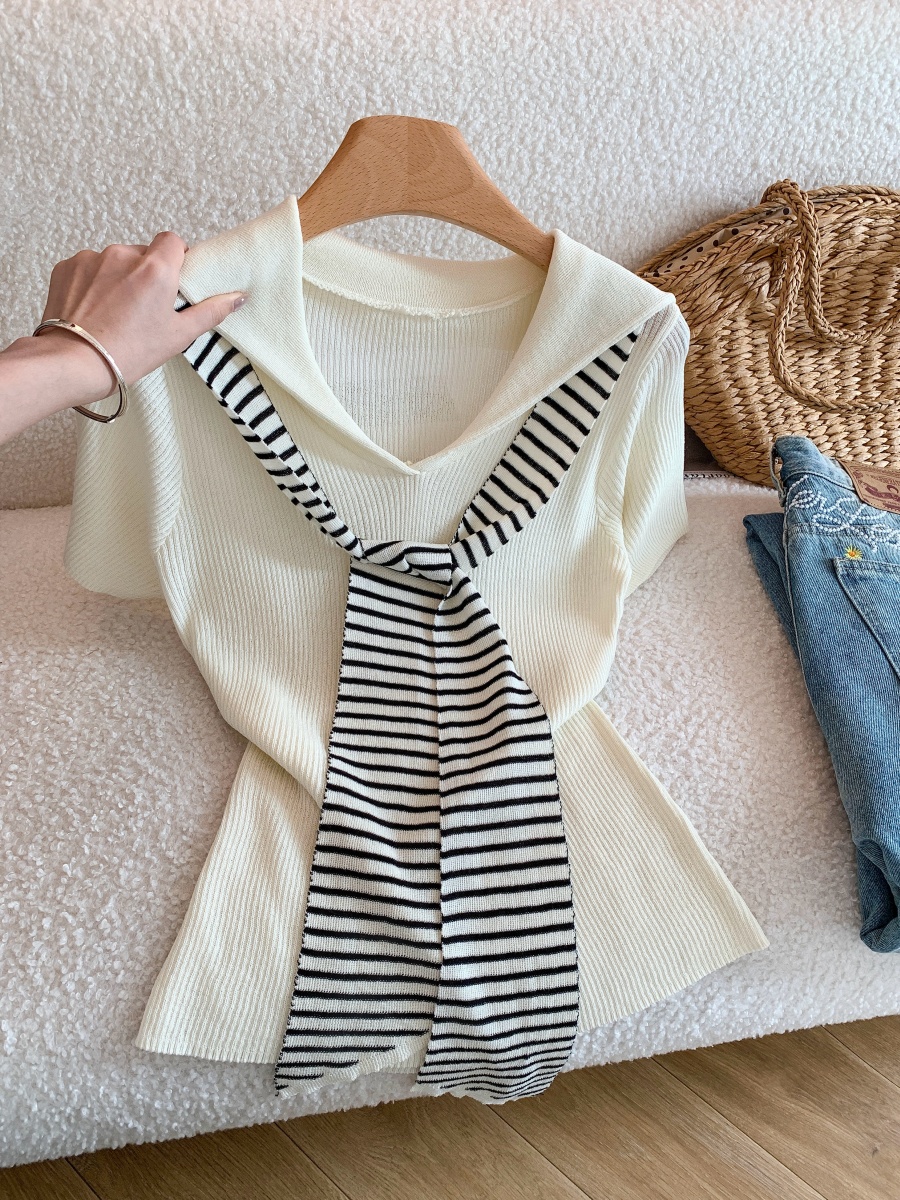 Women's Japanese Preppy Sailor Collar Striped Knit Top with Shawl Short Sleeve Summer