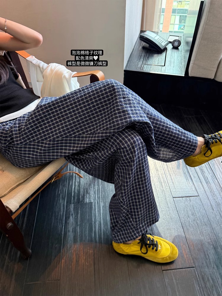 Women's Plaid Cotton Casual Pants Loose Curved Leg High Waist Long Trousers