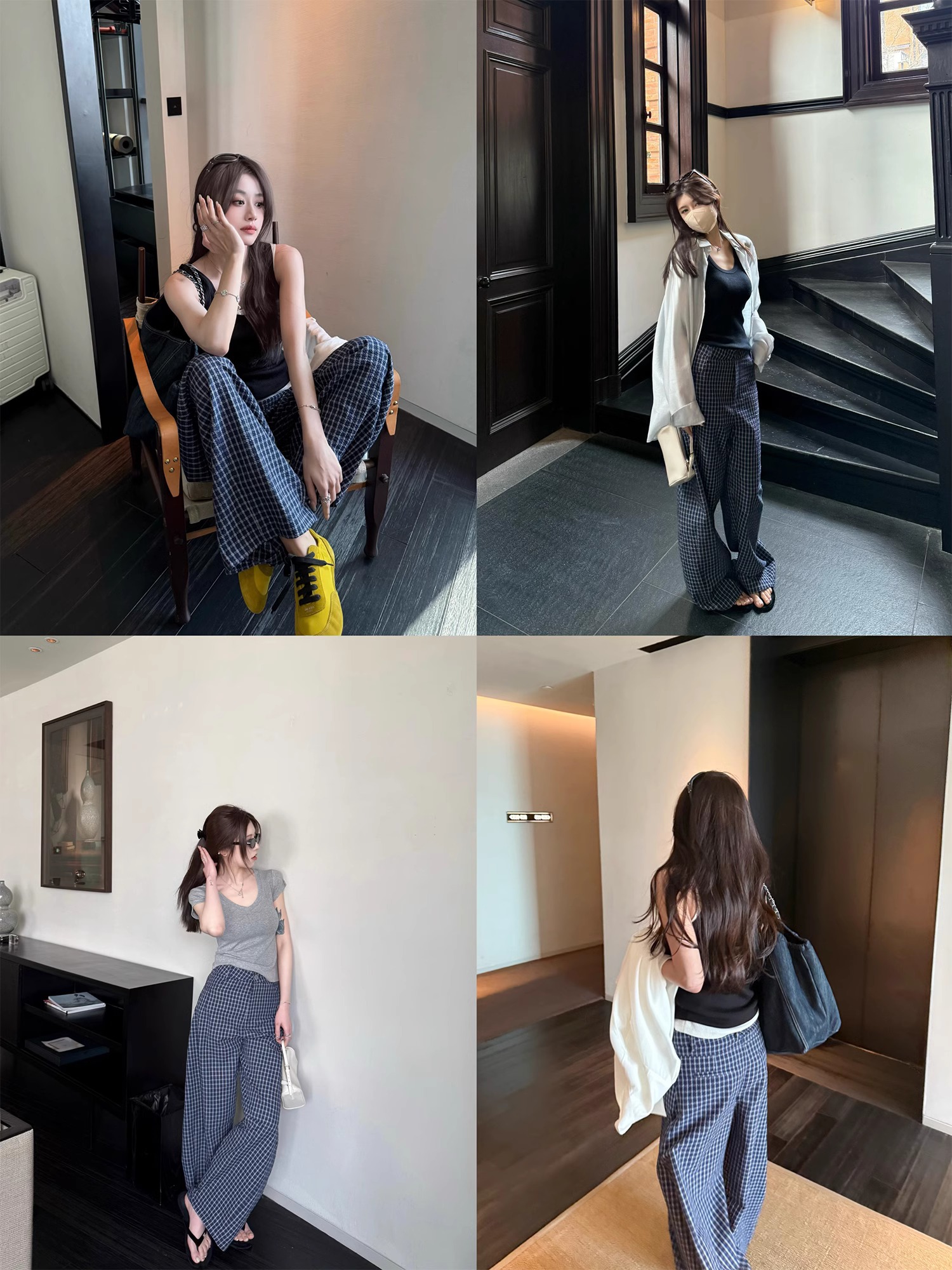 Women's Plaid Cotton Casual Pants Loose Curved Leg High Waist Long Trousers - Image 3