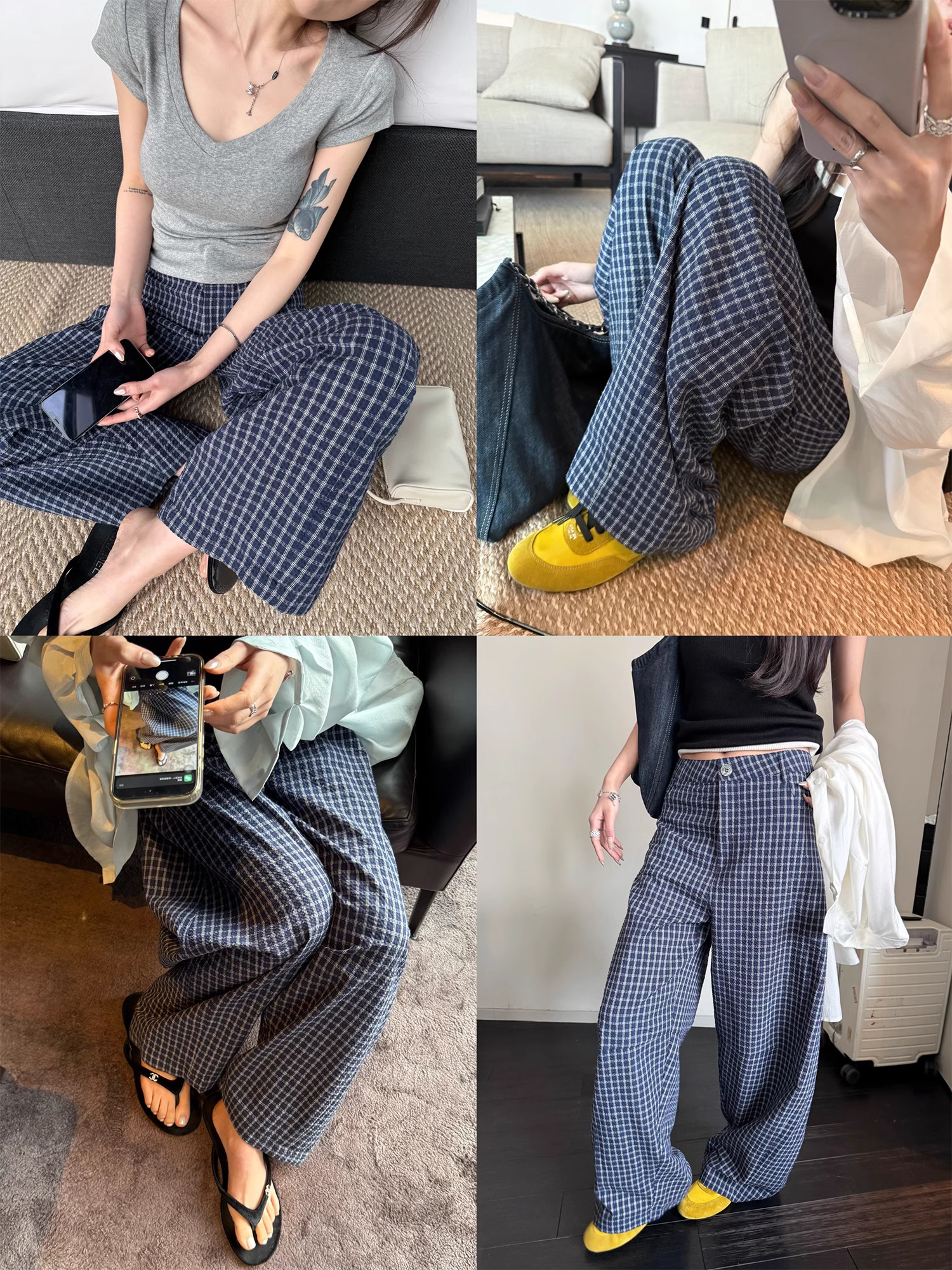 Women's Plaid Cotton Casual Pants Loose Curved Leg High Waist Long Trousers - Image 4