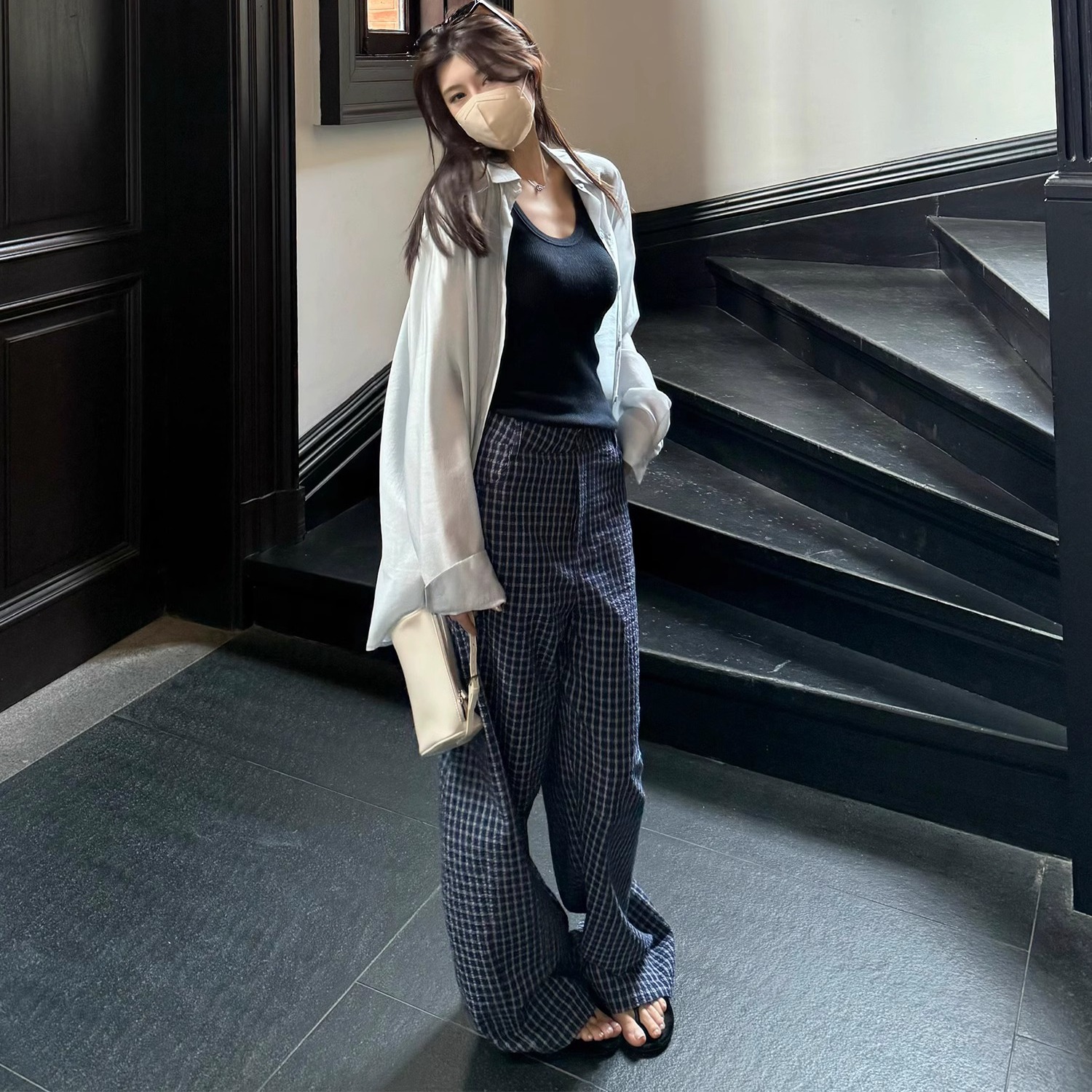 Women's Plaid Cotton Casual Pants Loose Curved Leg High Waist Long Trousers - Image 5