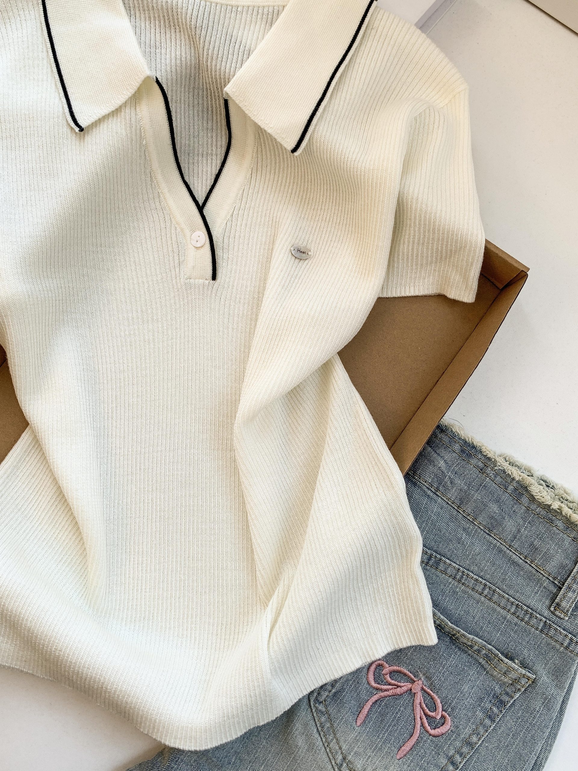 Women's Polo Collar Knit Short Sleeve Top Summer 2026 Thin Ice Silk Style - Image 4