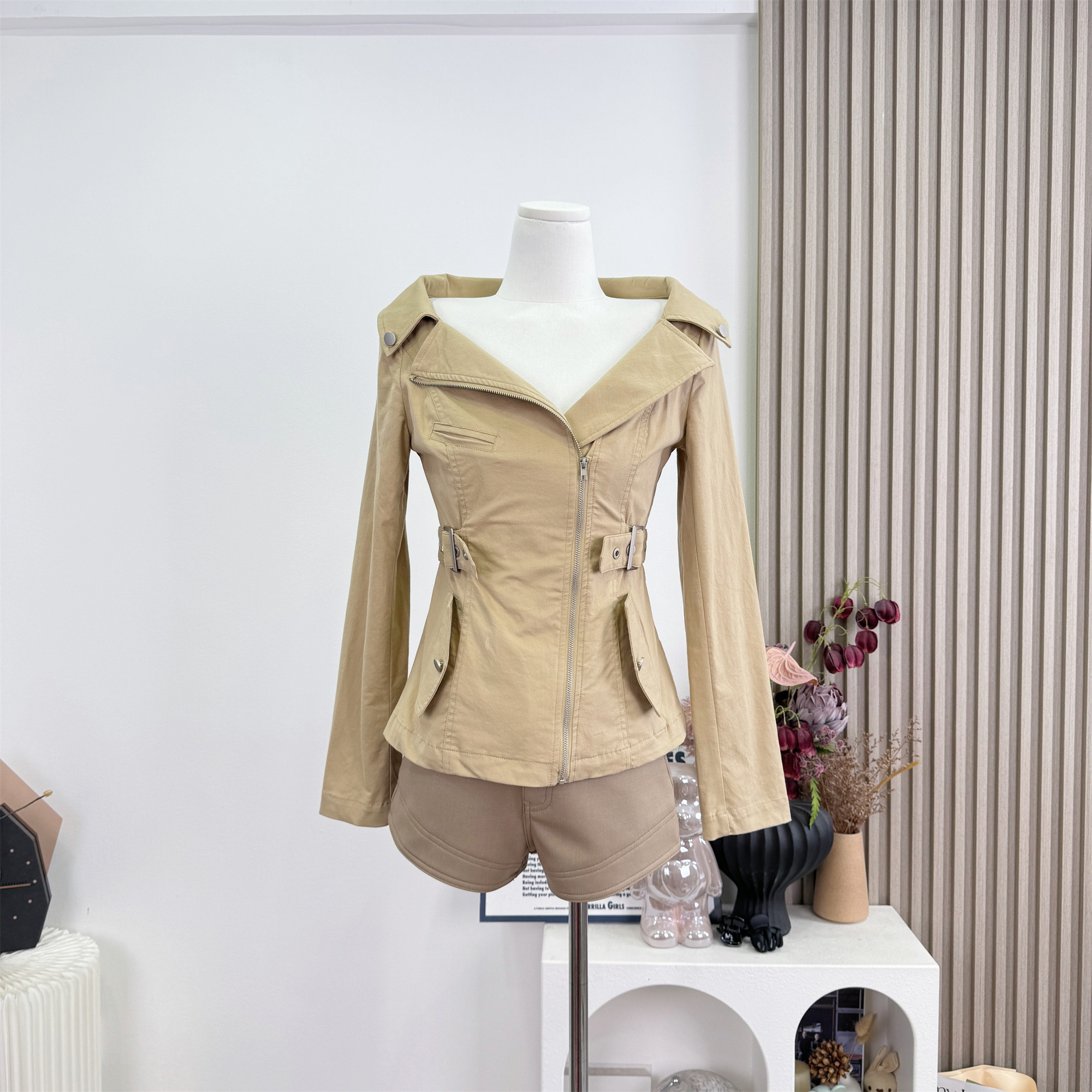 Women's Retro Cinched Waist Khaki Trench Coat Set