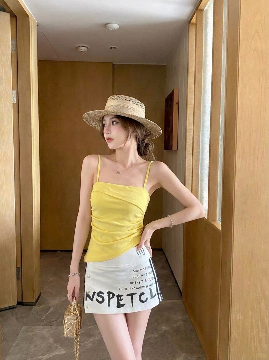 Women's Ruched Cami Top with Pads Irregular Pleated Spaghetti Strap Camisole 2026 Spring Summer